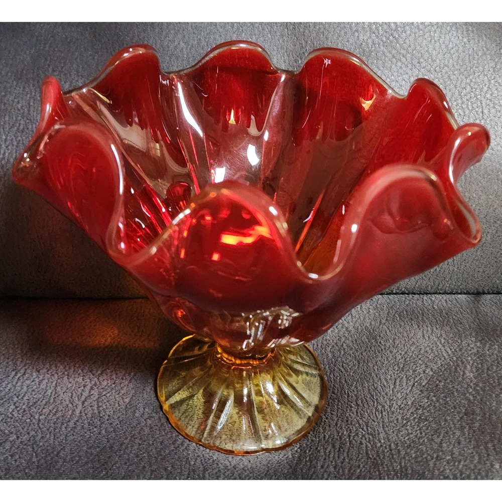 LE Smith Flame Amberina Glass Ruffled 7 inch Compote MCM Vintage 6 Petal